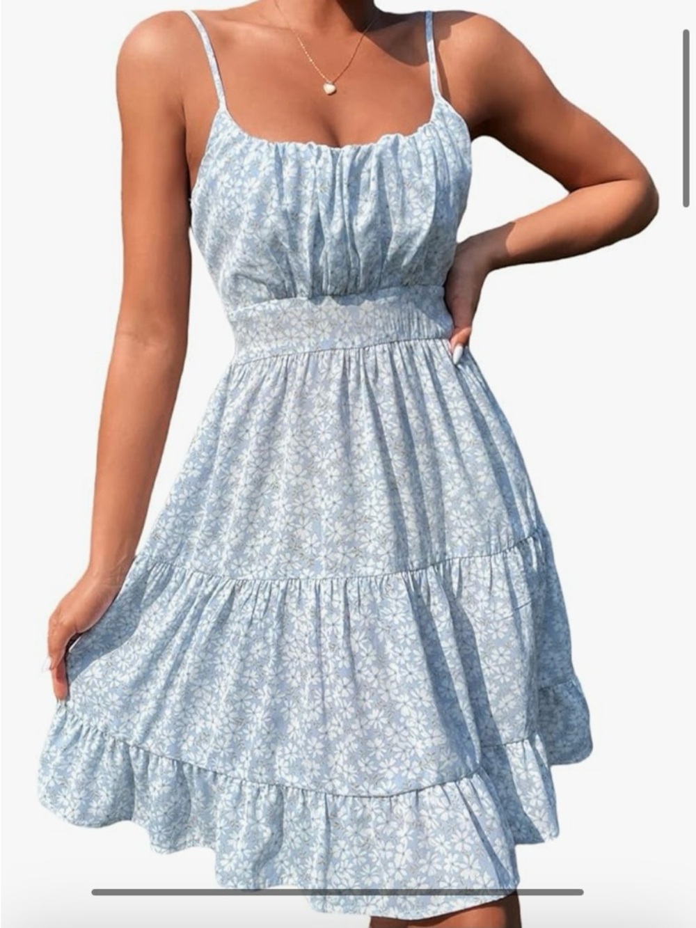 Light Blue Floral Sundress with Smocked Waist